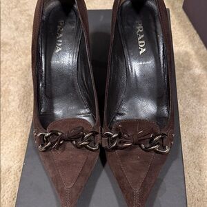 Prada Dark Brown Suede Chain Heels